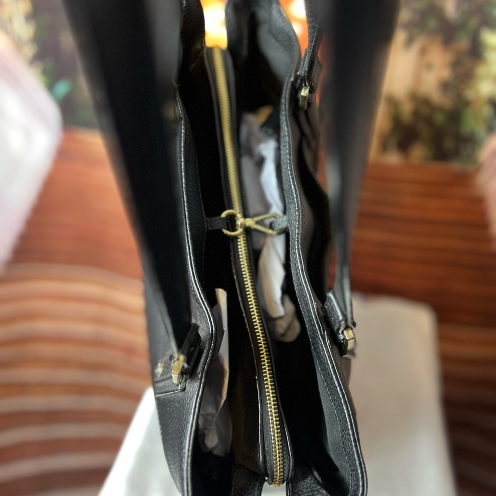 Travanti Large Black Faux Leather Tote Commuter Bag, gold hardware, 15x12x6 - Picture 9 of 15